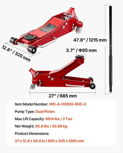 VEVOR Low Profile Floor Jack 3 Ton Aluminum and Steel Racing Floor Jack with Dual Pistons Quick Lift Pump, Hydraulic Trolley Car Lift for Sports Car, SUV, Pickup, Lifting Range 3.3"-20.3"