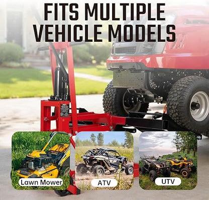 750lb Capacity, Adjustable Hydraulic Riding Lift Jack Heavy Duty Construction with Safety Lock for Tractors, ATVs and Zero Turn Lawn Mowers