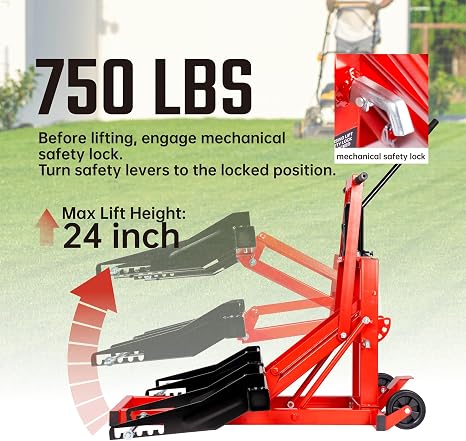 750lb Capacity, Adjustable Hydraulic Riding Lift Jack Heavy Duty Construction with Safety Lock for Tractors, ATVs and Zero Turn Lawn Mowers