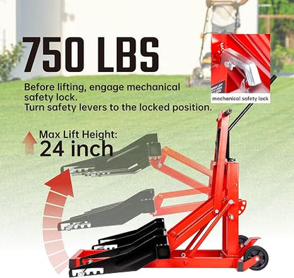 750lb Capacity, Adjustable Hydraulic Riding Lift Jack Heavy Duty Construction with Safety Lock for Tractors, ATVs and Zero Turn Lawn Mowers