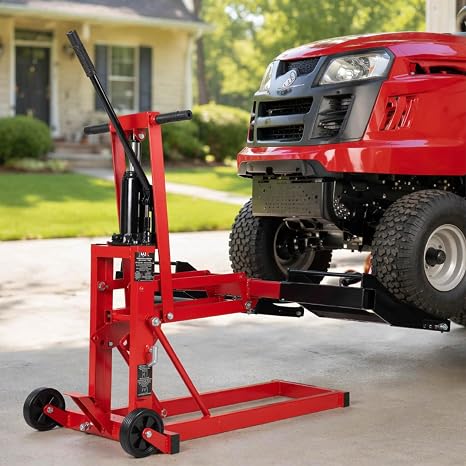 750lb Capacity, Adjustable Hydraulic Riding Lift Jack Heavy Duty Construction with Safety Lock for Tractors, ATVs and Zero Turn Lawn Mowers