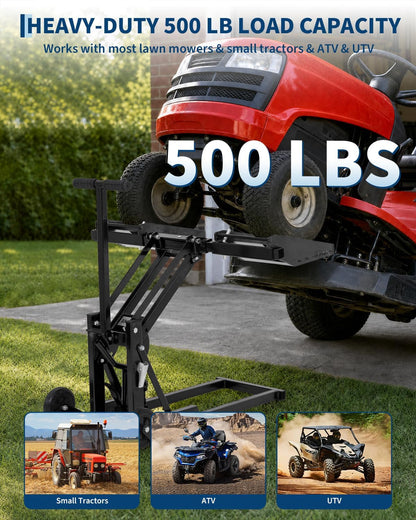 Zero Turn Lawn Mower Lift, 500 Lb Capacity, Manual or Drill Powered, Fits Most ZTR Mowers & Lawn Tractors, 24 Inch Lifting Height, Foldable Design for Garage Storage, Maintenance Lift